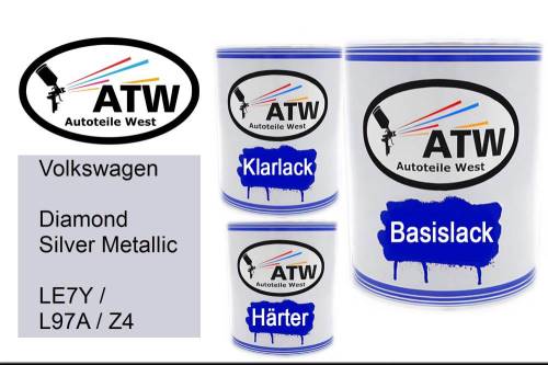 Volkswagen, Diamond Silver Metallic, LE7Y / L97A / Z4: 1L Lackdose + 1L Klarlack + 500ml Härter - Set, von ATW Autoteile West.